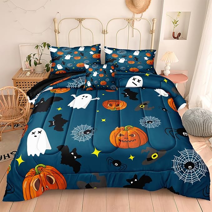 Bedbay Halloween Comforter Set King Size Comforter Set Cartoon Pumpkin Bedding Cute Halloween Bedding King Size Comforter 4 Pcs with 1 Cushion Cover(Blue,King)