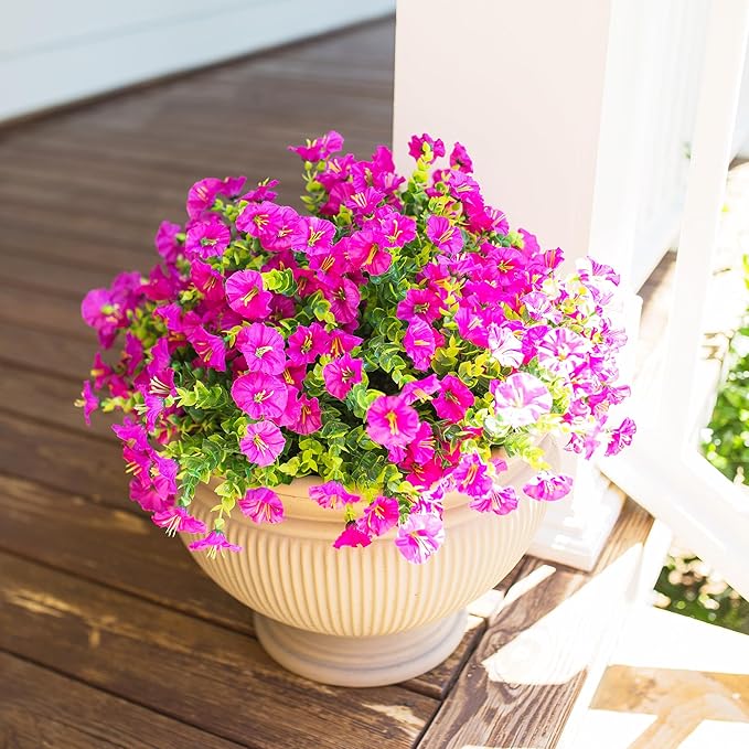 Artificial Flowers for Outdoors Fake Plants, 12 Bundles Faux Fuchsia Morning Glory UV Resistant Look Real Silk Flowers for Outside Planter Front Door Porch Patio Yard Fall Autumn Decoration