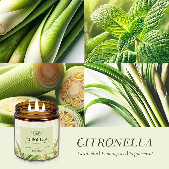 Auelife Citronella Candles Outdoor, 12oz Large 3-Wick Candle for Outside Patio Camping & Garden, Natural Soy Wax Citronella Candle for Summer Gift, Long Lasting for Indoor Home Scented, 50+ Hour Burn