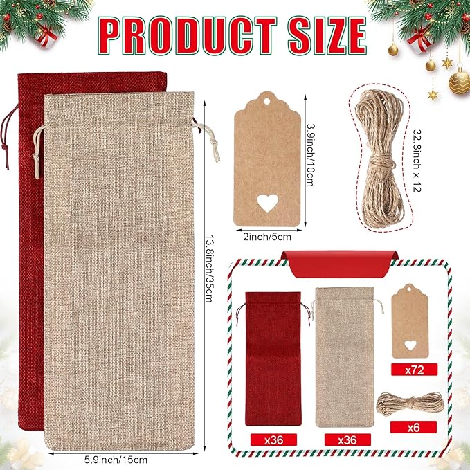 Berlune 72 Pcs Burlap Wine Bags Bulk Wine Bottle Gift Bag for Mother's Day Cloth Wine Bags, Reusable Wine Gift Bags with Drawstrings Tags for Wine Bottles for Holidays Wedding Birthday Party Favors