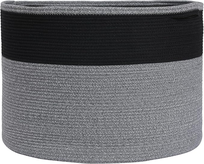24" x 24" x 17" Max Size Large Cotton Rope Basket, Extra Large Storage Basket, Woven Laundry Hamper, Cloth Storage Bin, for Blankets Clothes Towels Pillows in Living Room, Black in Grey Mix