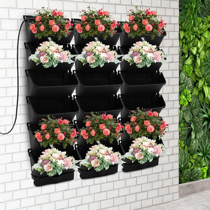 18 Pots Self-Watering Vertical Wall Planter, 39.4”L x 39.4”H Stackable Plastic Wall-Mounted Plant Grow Pots, Wall Hang Garden Planter Outdoor Indoor for Herbs Flowers Strawberries (Black)