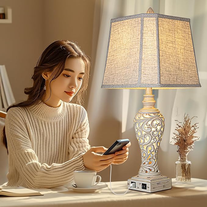 28.5" Table Lamps Set of 2 - Bedside Lamp with Fabric Shades - for Bedroom and Living Room with USB and Nightlight - Perfect for Nightstands and Bedrooms