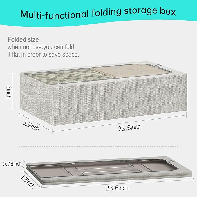 3PCS Under Bed Storage Bins with Metal Frame, Linen Fabric Frame Storage Box Clothes Organizer Bins, Underbed Container with Clear Window (Light Grey, 15.7 x 13 x 6IN)