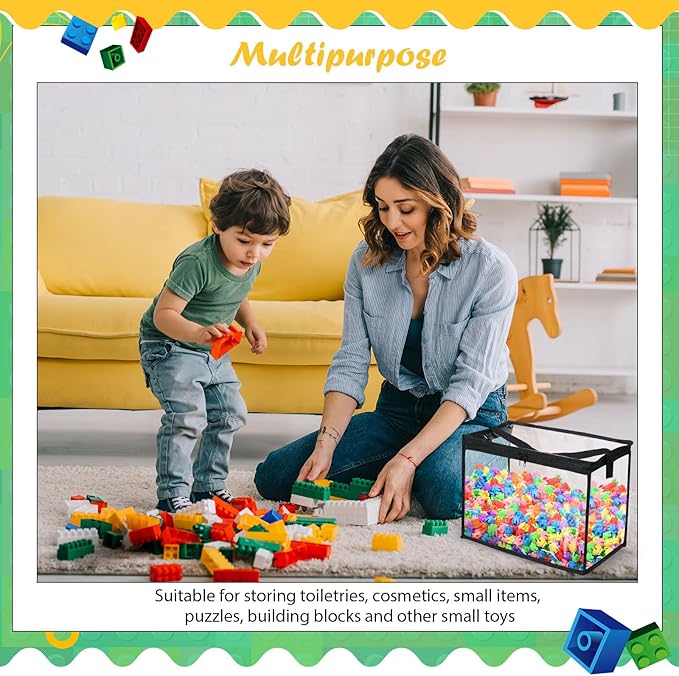 3 Pcs Toy Storage Bags with Zipper, Large Clear PVC Organizing Bags, Waterproof Toy Bags for Building Blocks, Board Games and Beach Toys Storage (Black)