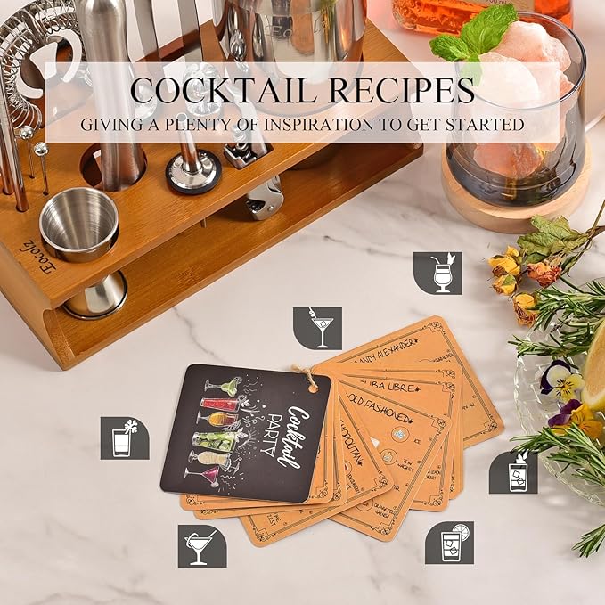 Bartender Kit Cocktail Shaker Set with Stand Bar Tool Bar Set for Drink Mixing Home Bartending Kit 17-Piece Bar Cart Accessories: Martini Shaker, Mixer Spoon, Jigger, Muddler, Strainer & Recipes Gifts
