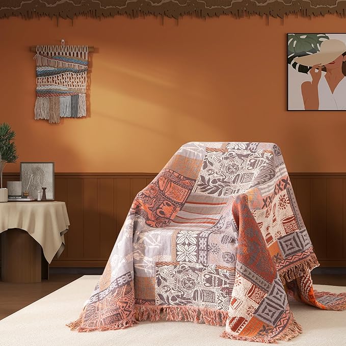 Boho Throw Blanket Full Size, Extra Large Soft Cozy Cotton Muslin Quilt Blanket for Bed Decor, Patchwork Block Couch Sofa Chair Cover, Vintage Farmhouse Cottage Woven Blanket, Red&Orange