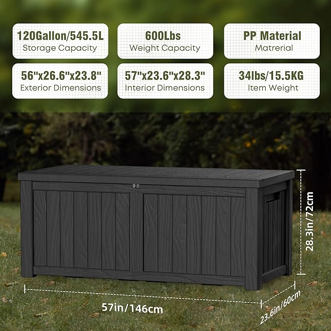 120 Gallon Patio Storage Box, Large Outside Storage Bin for Patio Furniture Covers, Cushion Pillows, Waterproof Outdoor Storage Bench for Towels, Garden Tools and Pool Accessories, Black