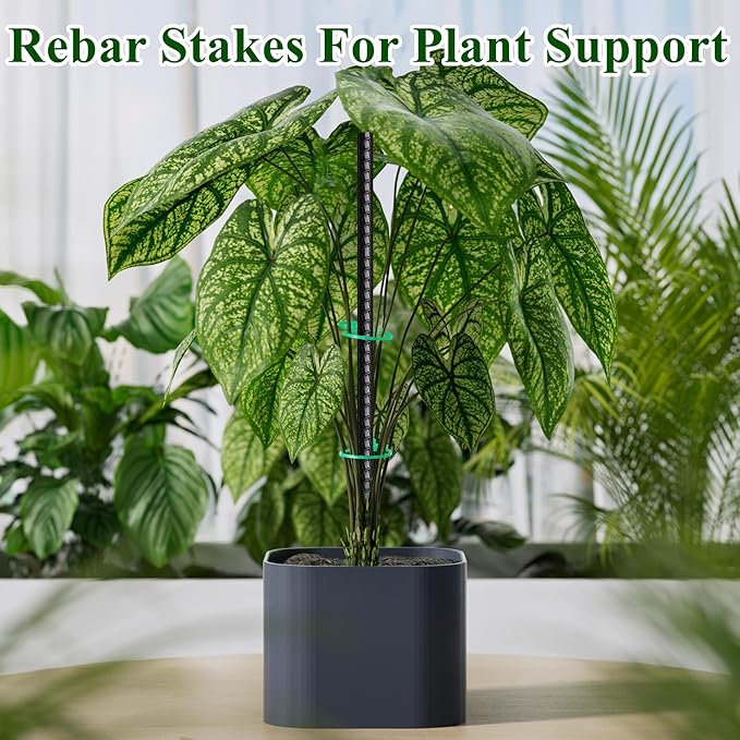 16 Inch Rebar Stakes 30 Pack Heavy Duty Ground Anchors with Chisel Point End Long Straight Steel Tent Stakes 3/8" Thickness Metal Spikes Black Coated for Concrete Timber Camping Garden Plant