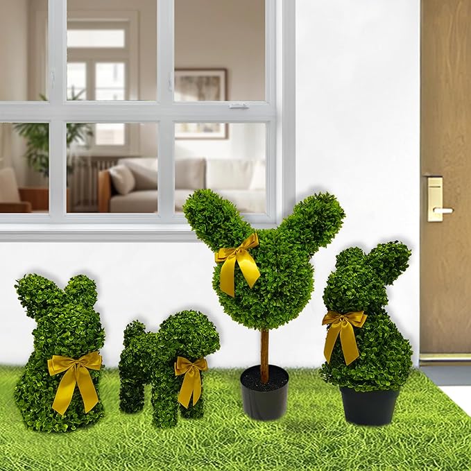 2 Pcs Artificial Bunny Shaped Topiary Trees, Artificial Green Boxwood Bunny Decorations with Gold Bow, Perfect for Indoor & Outdoor Front Porch, Easter& Garden Decor (Bunny Shaped Topiary Tree)