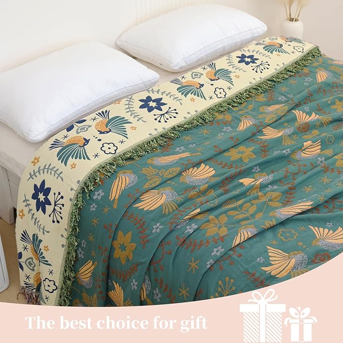 Boho Throw Blanket for Bed - 100% Pure Cotton Ultra Soft Rustic Quilt - Farmhouse Decor Bed Blankets, All Season Rustic Throw for Sofa Couch Chair(60"×80", Bird A)