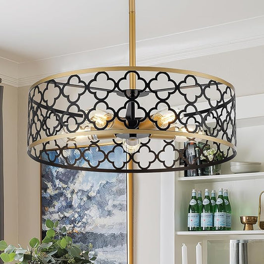5-Light Drum Chandeliers for Dining Room,19.7" Rustic Farmhouse Dining Room Light Fixture, Black&Gold Metal Hanging Pendant Light for Living Room Bedroom Kitchen Entryway Foyer