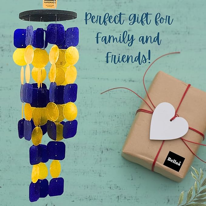 Bellaa 24889 Wind Chimes Outdoor, Garden Decorations, Musical, Indoor/Outside Windchimes, Beach, Ocean Breeze, Gifts for Mom, Gift for All Occasions, Capiz Sea Glass Shells Wood Yellow Blue