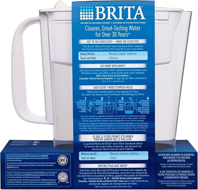 Brita Metro Water Filter Pitcher, BPA-Free Water Pitcher, Replaces 1,800 Plastic Water Bottles a Year, Lasts Two Months or 40 Gallons, Includes 1 Filter, Kitchen Accessories, Small - 6-Cup Capacity