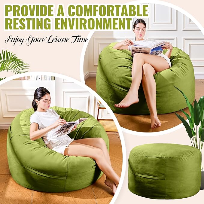 4FT Bean Bag Chair: Bean Bag with Velvet Cover, Fluffy and Comfy Bean Bag Chairs for Adults and Kids, Bean Bag Sofa Filled with High-Density Sponge for Gaming (Mint Green)