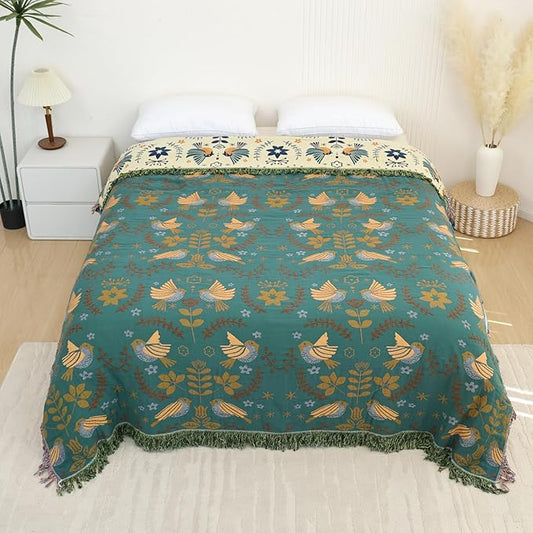 Boho Throw Blanket for Bed, 100% Pure Cotton Ultra Soft Rustic Quilt, Farmhouse Decor Bed Blankets, All Season Rustic Throw for Sofa Couch Chair(80''x 90'', Bird A)