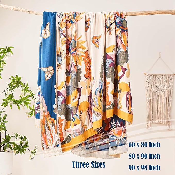 Boho Throw Blanket, 100% Cotton Ultra Soft Luxury Throw Rustic Quilt, 80"x90" Floral Bird Butterfly Farmhouse Decor Bed Blankets, All Season Rustic Reversible Bohemian Throw for Bed - Yellow