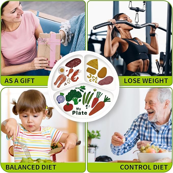 10" 3-Grid Cute Cartoon Portion Control Plate - Melamine, Healthy Nutrition for Weight Loss & Diabetes Management, Ideal for Adults & Teens Kids (4 Pack)