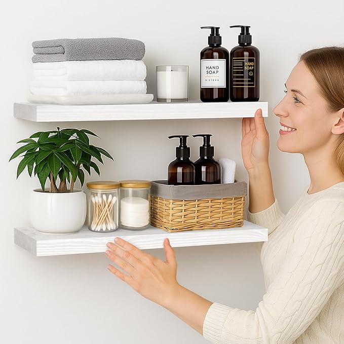 BGMG Wood Floating Shelves 24 inch Long,Rustic Solid Wooden Deep Wall Shelves for Bathroom Living Room Bedroom Kitchen Farmhouse Set of 2-24x6.7x1.25 inch-White