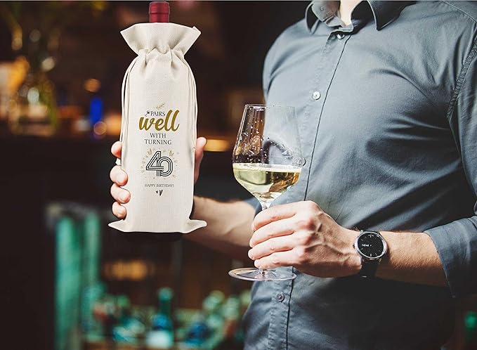 40th Birthday Wine Bag,Pairs Well With Turning 40 Happy Birthday,40th Gift Birthday Planning Gift,40th Gift Birthday Party,Birthday Decorations Wine Bag,Reusable Wine Bags With Drawstring,L15