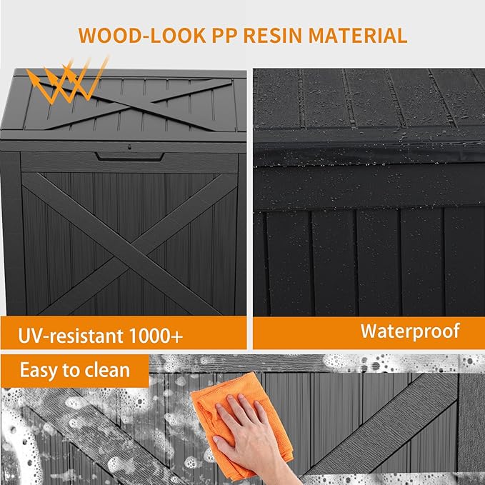 32 Gallon Resin Deck Box, Lockable Outdoor Storage Box for Patio Cushions Storage Furniture,Garden Tools, Pool Supplies, Weatherproof and UV Resistant（Black X）