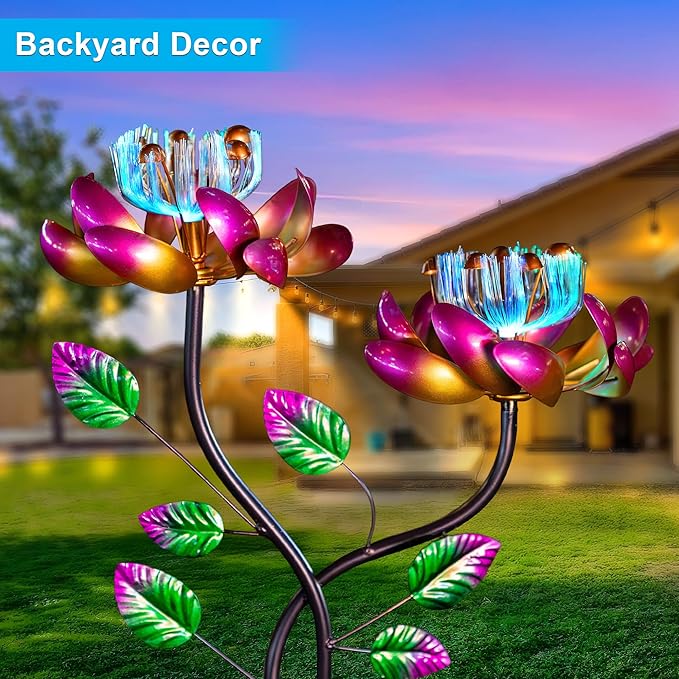 55'' Solar Powered Kinetic Wind Spinner Sculpture Pink Lotus Metal Stake Spinner for Patio, Lawn and Garden Decor Weather-Resistant Outdoor Art with Dual Lotus Design