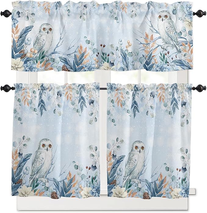 Blue Christmas Kitchen Curtains and Valances Set, Winter Snowy Owl Poinsettia Eucalyptus Leaves Windows Treatments Tiers Half/Short Curtains for Small Windows Cafe /Living Room/ Bedroom 54x36 in