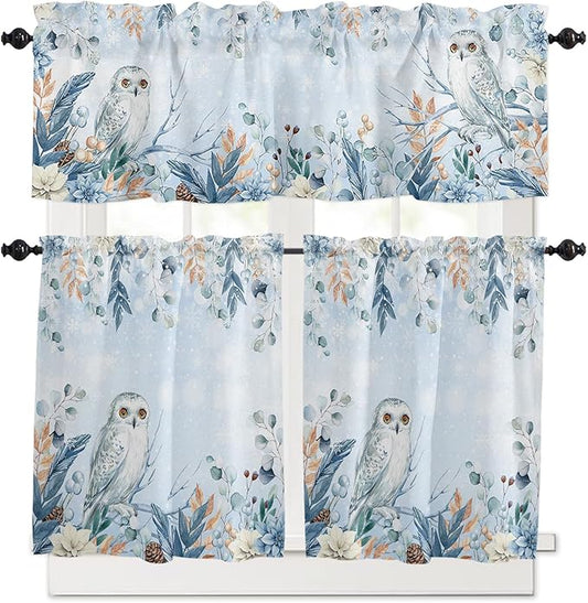 Blue Christmas Kitchen Curtains and Valances Set, Winter Snowy Owl Poinsettia Eucalyptus Leaves Windows Treatments Tiers Half/Short Curtains for Small Windows Cafe /Living Room/ Bedroom 54x36 in