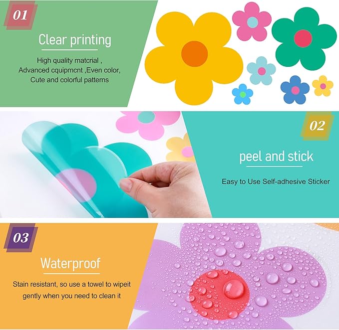 Amaonm 12 Sheets Large Daisy Wall Decals DIY Boho Sunflower Wall Stickers Peel and Stick Colorful ins Daisy Floral Wall Decor for Nursery Little Girls Teens Bedroom Living Room (8 Sheets of 48pcs)