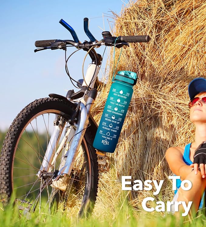 32oz Motivational Water Bottle with Time Marker & Fruit Strainer, Leak-proof BPA Free Non-Toxic Bottle with Carrying Strap, Perfect for Fitness, Gym and Outdoor Sports