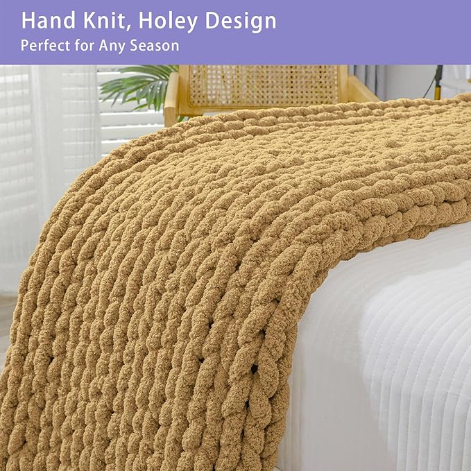Bigacogo Chunky Knit Throw Blanket for Couch, 40x40 inches, 100% Hand Knitted with Thick Jumbo Chenille Yarn, Cozy Soft Large Rope Knot Cable Crochet Blankets for Sofa Bed Living Room, Goldenrod