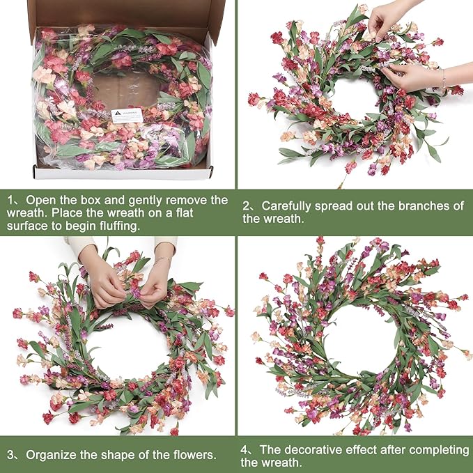 Artgar Front Door Wreath 24 Inch Spring/Summer Wreaths for Front Door, Front Door Wreaths for All Seasons for Indoor Outdoor Home Office Wall Window Wedding Farmhouse Decor (Red&Orange&Purple)