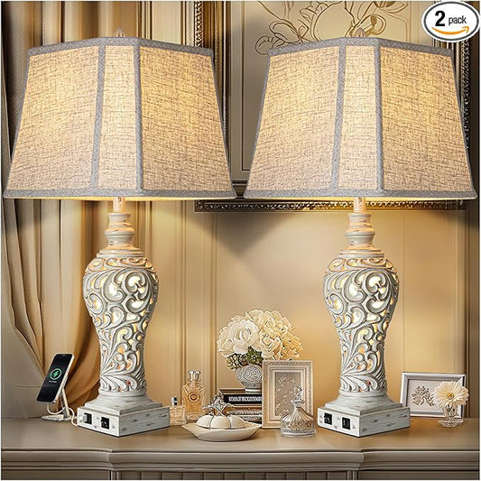 32" Tall Table Lamps Set of 2 - Bedside Lamp with Fabric Shades - for Bedroom and Living Room with USB and Nightlight - Perfect for Nightstands and Bedrooms - Bulbs Included