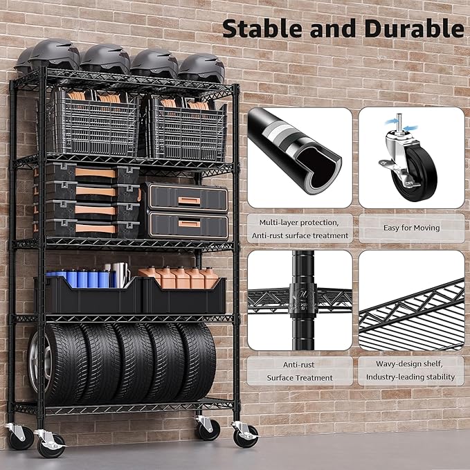 5-Shelf Storage Shelves,Wire Shelving Heavy Duty Metal Storage Shelving Unit Adjustable Garage Shelving Rack Pantry Kitchen (Black, 5 Tier,17.7" D x 47.2" W x 76.7" H)