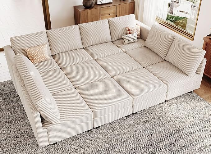 Belffin Oversized 12 Seat Modular Sectional Sleeper Sofa Convertible Sleeper Sofa with Storage Seat Large Corduroy Modular Sectional Couch for Living Room Beige