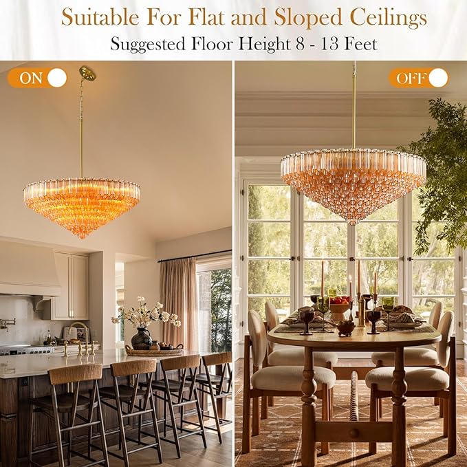 30" Modern Dining Room Chandeliers, 13-Light Amber Crystal Chandeliers, Dimmable Blown Glass Chandelier for Living Room, Round Glod Large Chandelier for High Ceiling, Bedroom, Entryway, Staircase