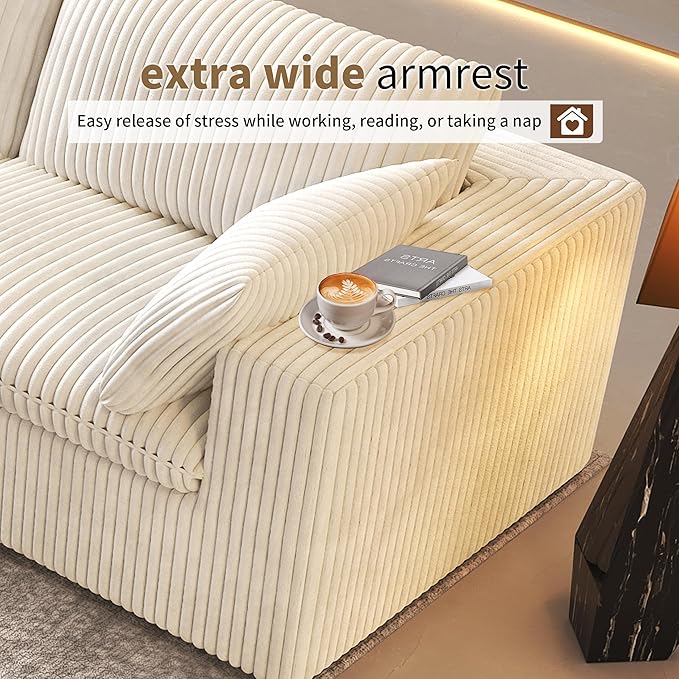 118" V Shaped Corner Modern Sofa Modular Sectional Cloud Couch,Deep Seat Upholstered Couches with Plush Corduroy Fabric for Living Room Furniture,Bedroom and Apartment,No Assembly Required,White