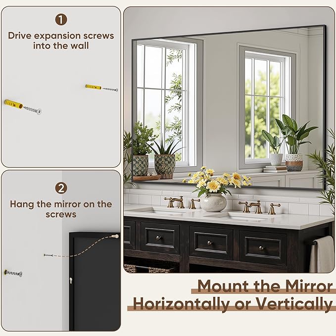 Bathroom Mirror 48" x 36", Large Rectangle Wall Mirror, Black Metal Frame Wall Mounted Mirrors for Bathroom, Vanity, Bedroom, Entryway Decor(Horizontal/Vertical)