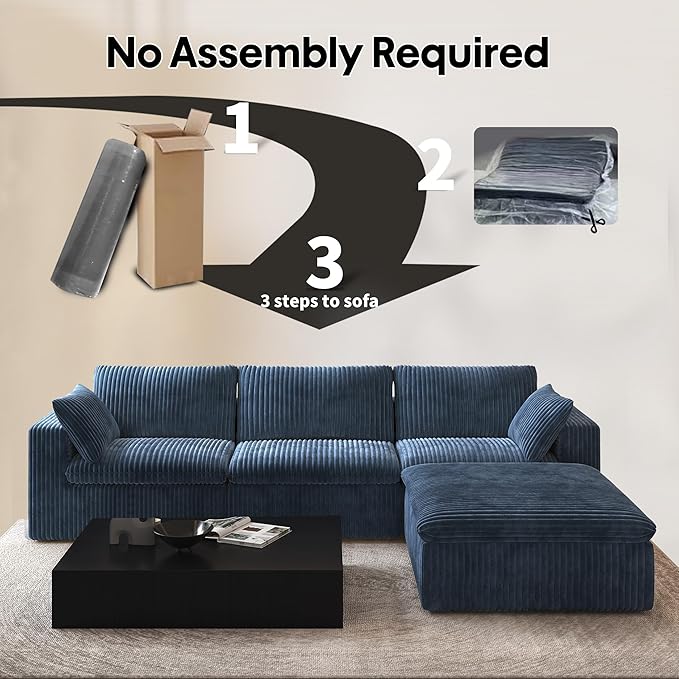 118" L Shaped Modern Sofa Modular Sectional Cloud Couch with Ottoman,Deep Seat Upholstered Couches with Plush Corduroy Fabric for Living Room Furniture,Bedroom and Apartment,No Assembly Required,Blue