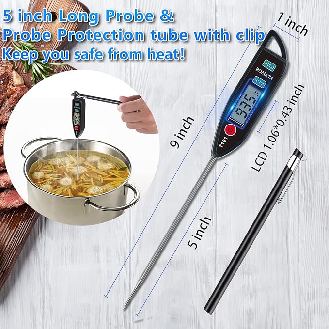 BOMATA Waterproof IPX7 Thermometer for Water, Liquid, Candle and Cooking. Instant Read Food Thermometer with Long Probe for Cooking, Meat, BBQ! T101 (Black Color)…