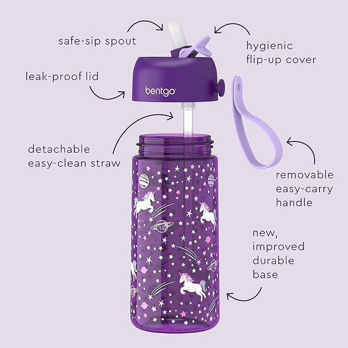 Bentgo Kids Water Bottle - Leak-Proof, Durable Tritan™, BPA-Free 15 oz. Cup for Kids/Toddlers Ages 3+ - Flip-Up Straw & Dishwasher Safe for School, Sports, Daycare & Camp (Unicorn)