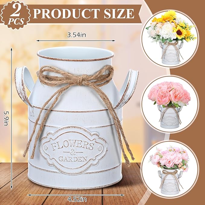 6 Inch Farmhouse Vase Decor Milk Can Vintage Flower Jug Galvanized Metal Vase with Handle Rustic Flower Buckets for Thanksgiving Christmas Table Centerpiece Weddings Gifts(Retro White,2 Pcs)