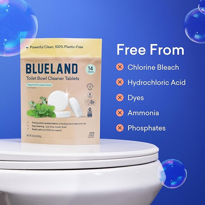 BLUELAND Toilet Bowl Cleaner Tablets, 2-Pack, 28 Count, Peppermint Eucalyptus, Plastic-Free, No Harsh Chemicals, Plant-Based