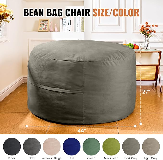 4FT Bean Bag Chair: Bean Bag with Velvet Cover, Fluffy and Comfy Bean Bag Chairs for Adults and Kids, Bean Bag Sofa Filled with High-Density Sponge for Gaming (Dark Grey)
