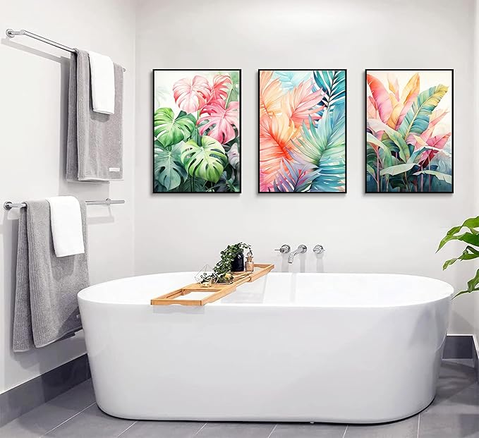 3pcs Tropical Botanical Canvas Wall Art Monstera Leaves Posters Botanical Prints Bohemian style Wall Decor Pictures Palm Leaves Paintings for Bathroom living room Decoration Unframed