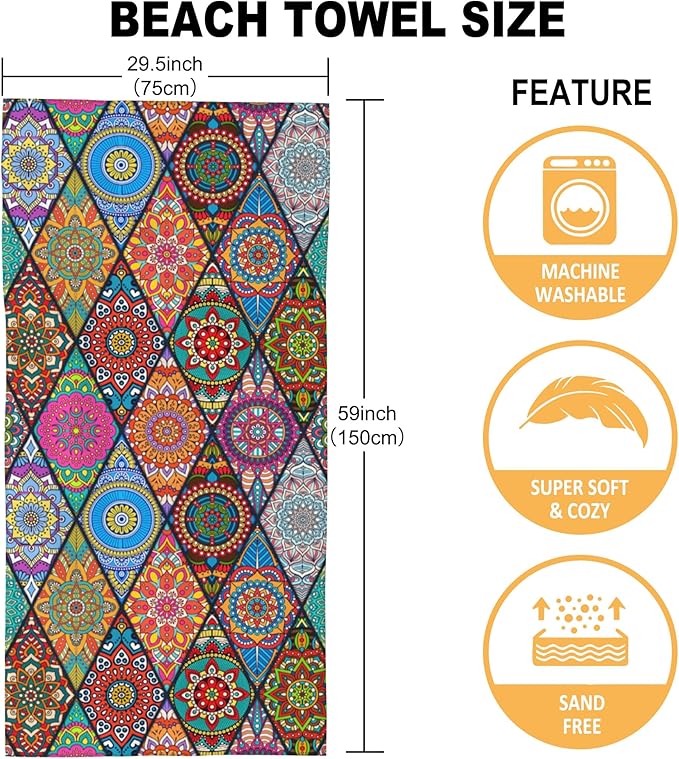 Beach Towel, Colorful Tribal Bohemian Mandala Beach Towel Oversized Sand Proof Absorbent, Quick-Dry Bath Pool Swim Towel for Shower Spa Vacation, 29.5” X 59”