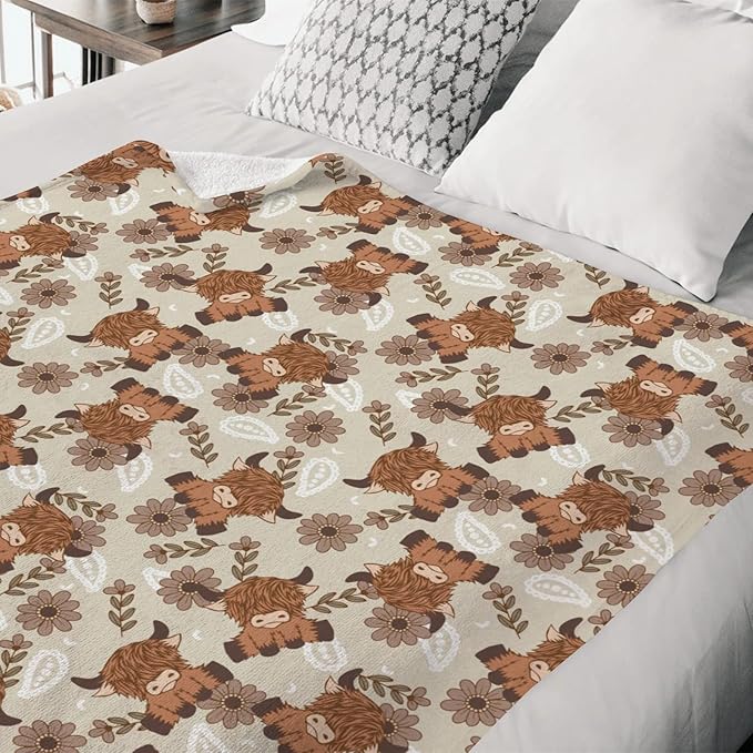 Boho Highland Cow Paisley Floral Baby Blanket Girls Gift, Beige Western Cowgirl Flower Flannel Fleece Nursery Bed Blankets, Soft Lightweight Newborn Infant Toddler Kids Crib Bedding 50 x 60