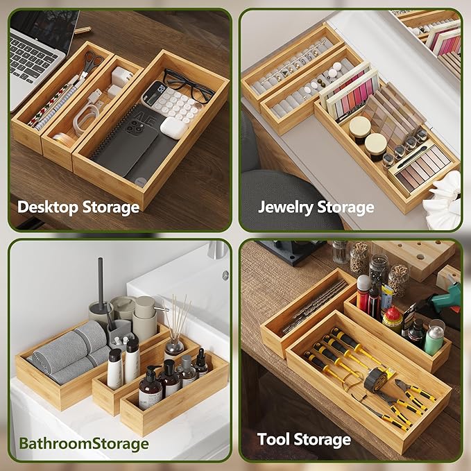 BAMEOS 3-Piece Bamboo Drawer Organizer, Utensil Organizer for Drawer, Junk Drawer Organizer for Kitchen Bathroom, Dressing Room, Office, Pantry (Natural)