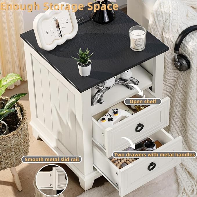 18" Farmhouse Night Stand with Charging Station, 2 Drawers End Table Dresser for Bedroom, White Wooden Nightstand, Bed Side Table with Open Shelf, Bedside Cabinet for Living Room, Closet