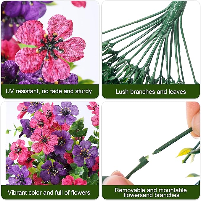 Artificial Faux Hanging Flowers Plants for Spring Outdoor Outside Decoration, 2 PCS Fake Silk Daisy with Eucalyptus UV Resistant Realistic Trailing Vines for Balcony Patio Porch (Darkpurple+Hotpink)